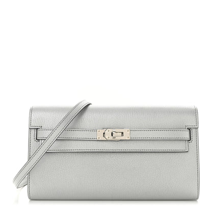 Hermes Metallic Chevre Chamkilight Kelly Wallet To Go Argent 1 of 11