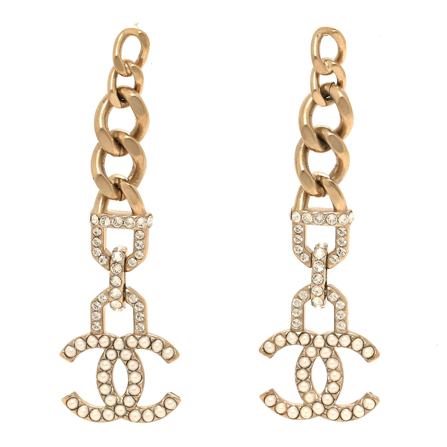 Pearl Crystal CC Chain Link Drop Earrings Gold