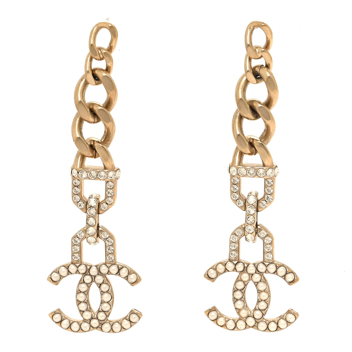 Chanel Pearl Crystal CC Chain Link Drop Earrings Gold 1 of 4