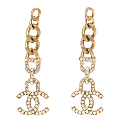 Chanel Pearl Crystal CC Chain Link Drop Earrings Gold 1 of 4