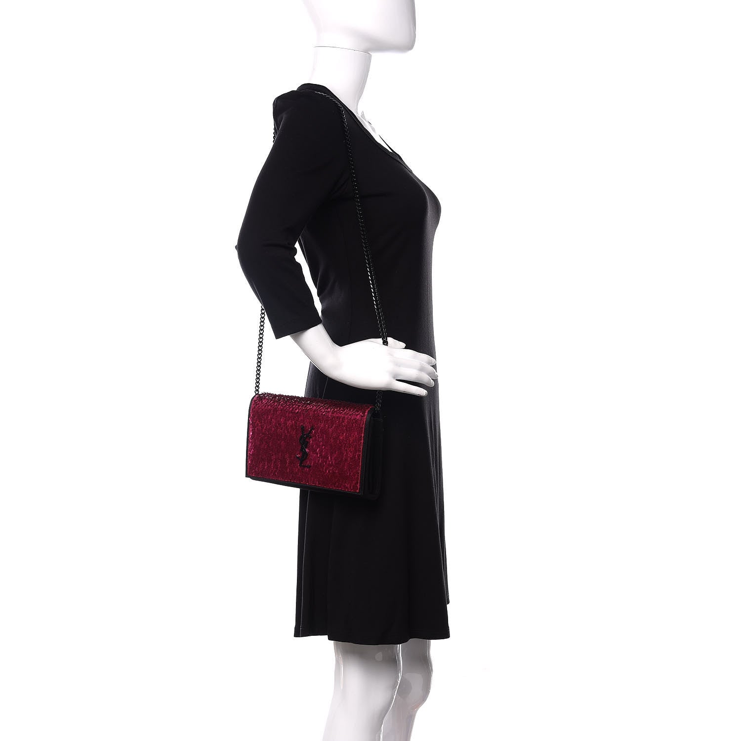 Saint Laurent Sequin Suede Monogram Chain Wallet Fuchsia Black 2 of 10