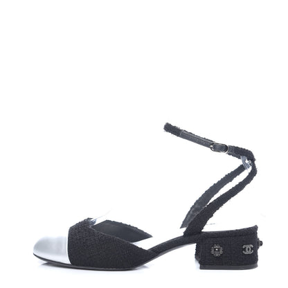 Chanel Tweed Iridescent Calfskin Cap Toe CC Slingback Pumps 38.5 Black Silver 1 of 12
