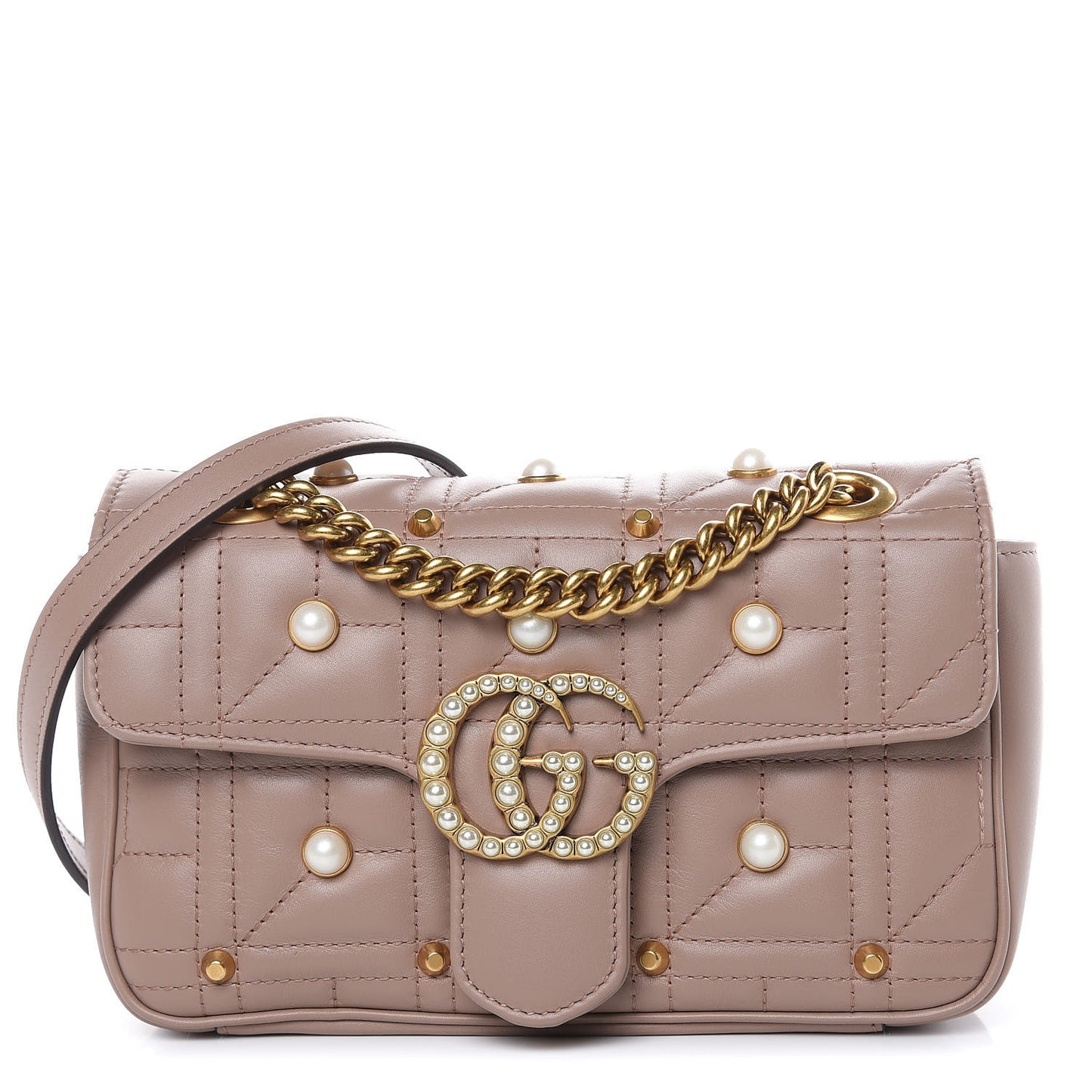 Calfskin Matelasse Studded Mini Pearly GG Marmont Shoulder Bag Porcelain Rose