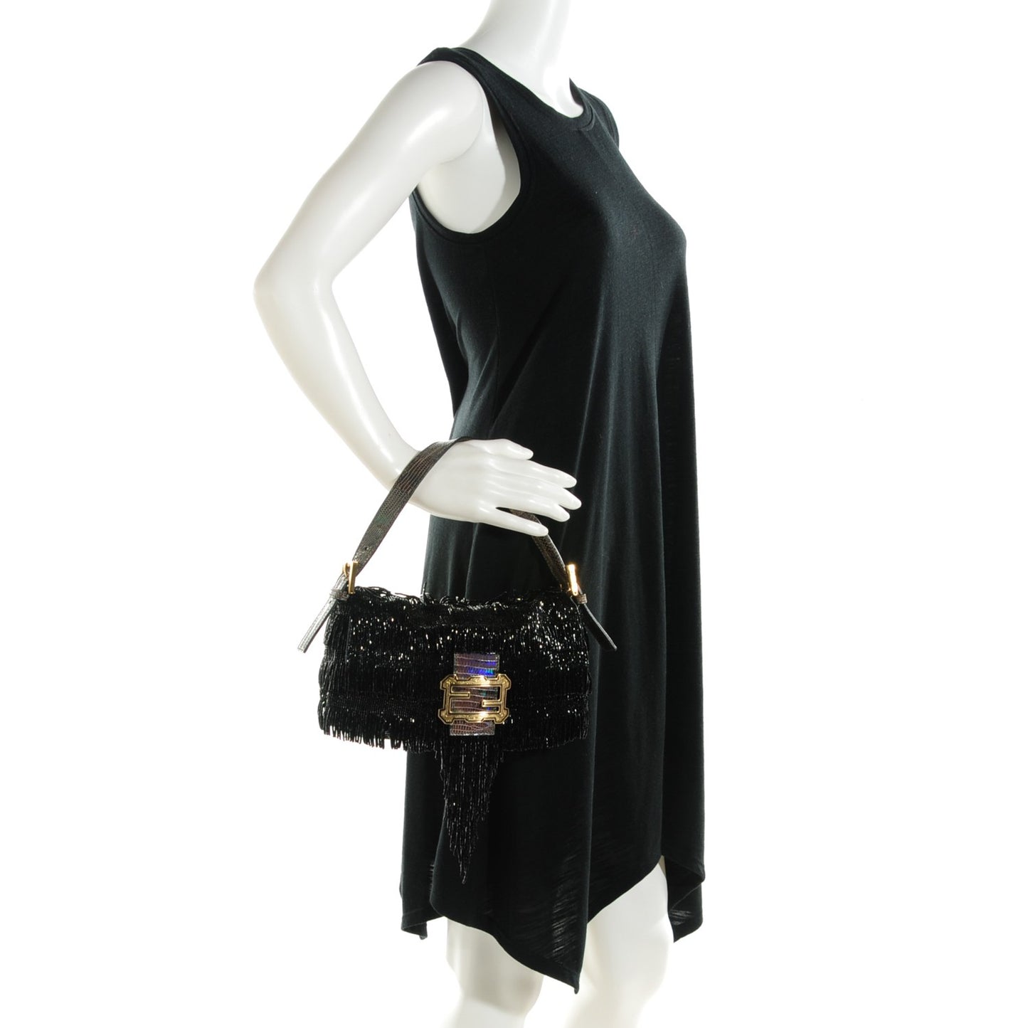 Lizard Beaded Fringe Baguette Black
