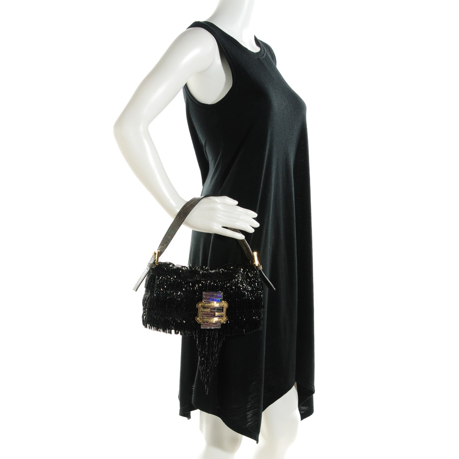 Fendi Lizard Beaded Fringe Baguette Black 2 of 10