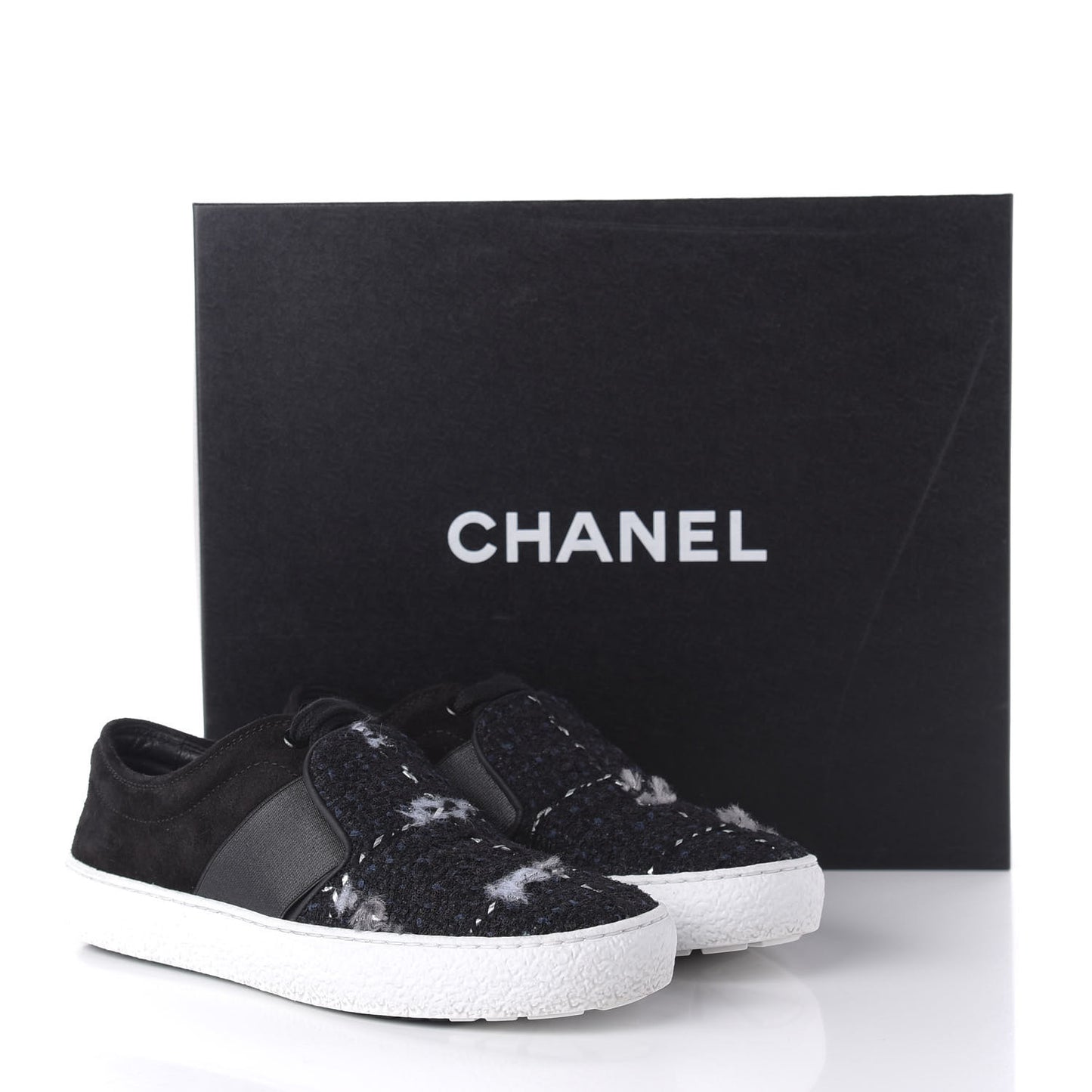 Suede Calfskin Tweed Womens Slip On Sneakers 36 Black Navy Silver