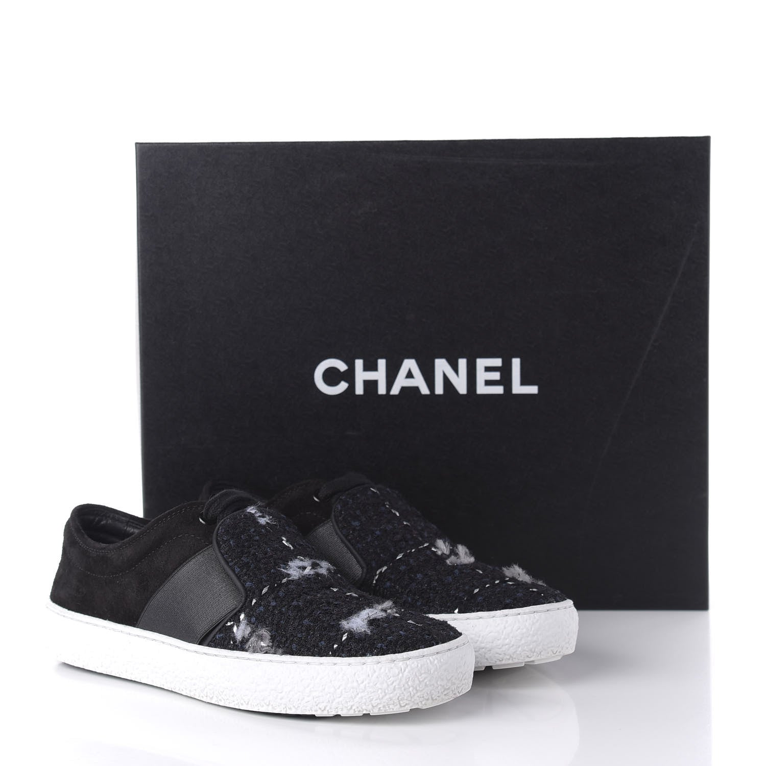 Chanel Suede Calfskin Tweed Womens Slip On Sneakers 36 Black Navy Silver 9 of 9