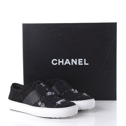 Chanel Suede Calfskin Tweed Womens Slip On Sneakers 36 Black Navy Silver 9 of 9