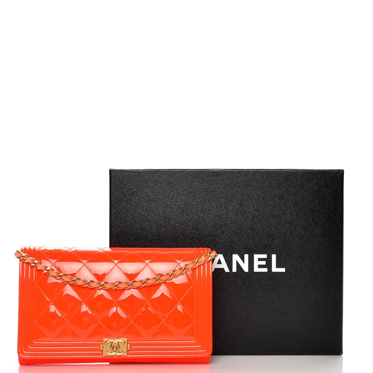 Chanel Patent Calfskin Quilted Boy Wallet on Removable Chain Orange 12 of 12