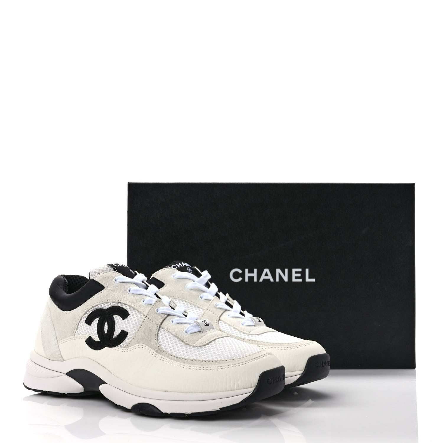 Chanel Mesh Suede Calfskin Grained Calfskin Womens CC Sneakers 40 White Black 8 of 8