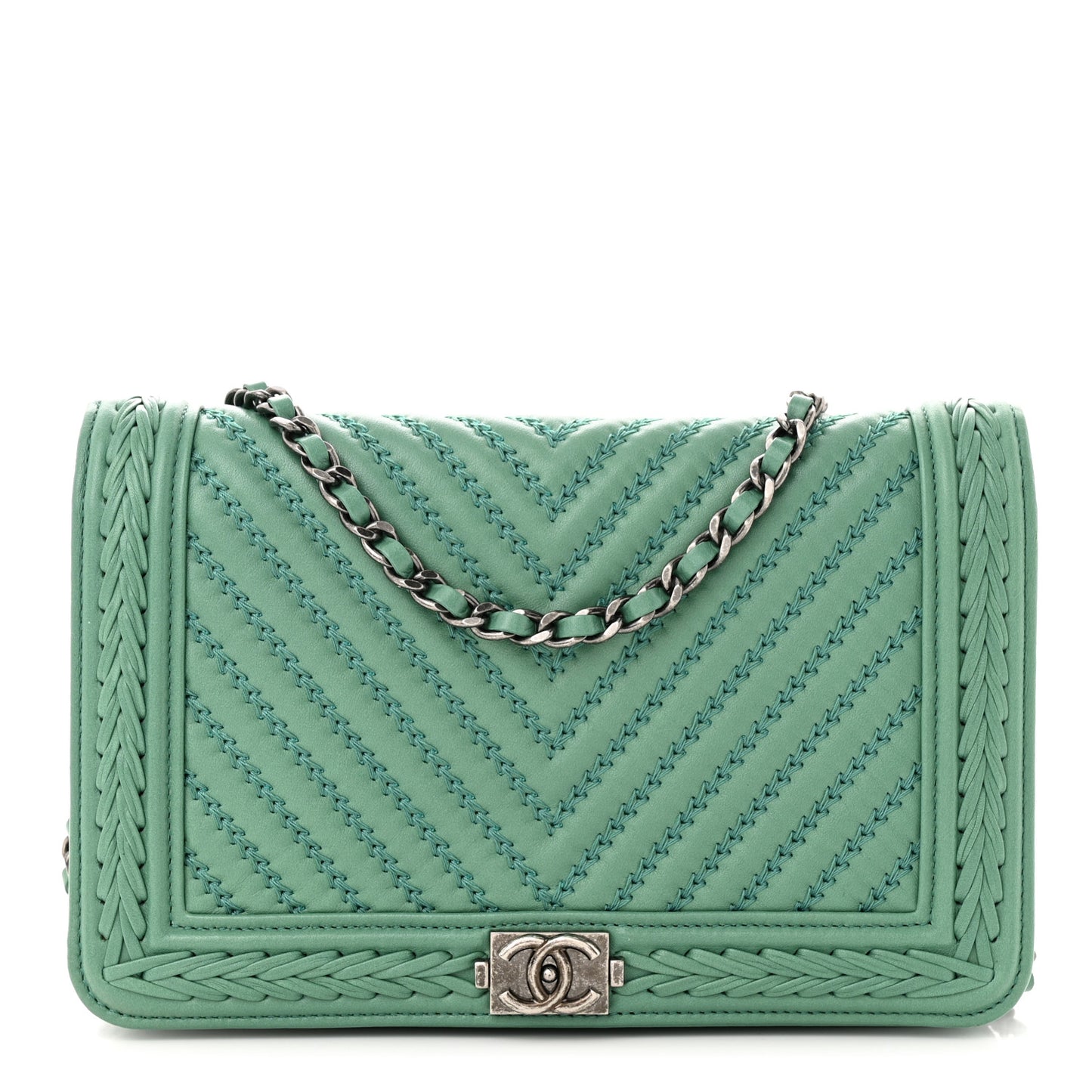 Calfskin Chevron Quilted Braided Boy Wallet On Chain WOC Blue