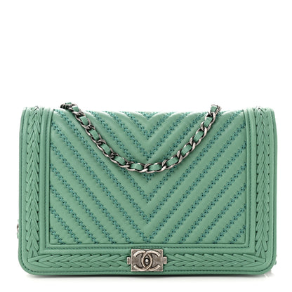 Chanel Calfskin Chevron Quilted Braided Boy Wallet On Chain WOC Blue 1 of 13