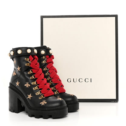 Gucci Calfskin Embroidered Lace Up Combat Ankle Boots 35 Black 16 of 16