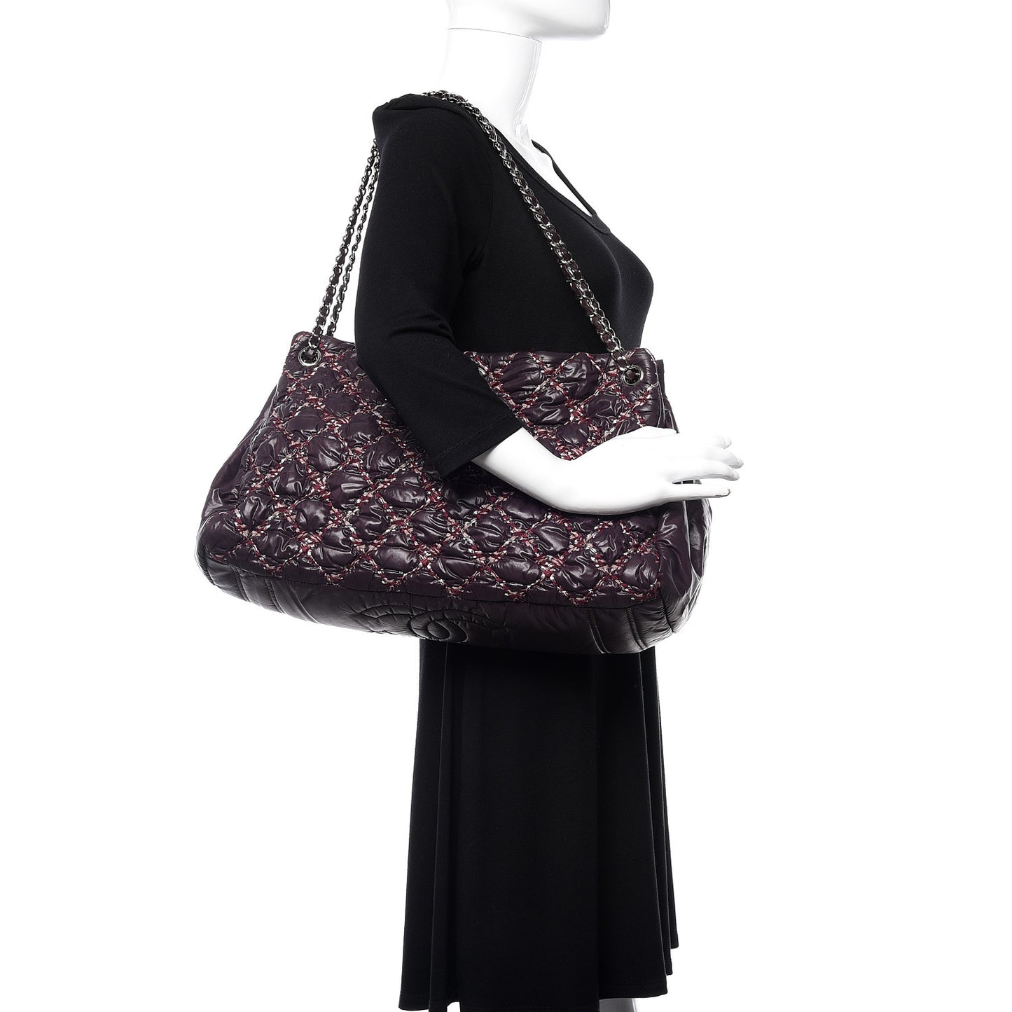 Nylon Quilted Tweed Stitch Bubble Tote Plum