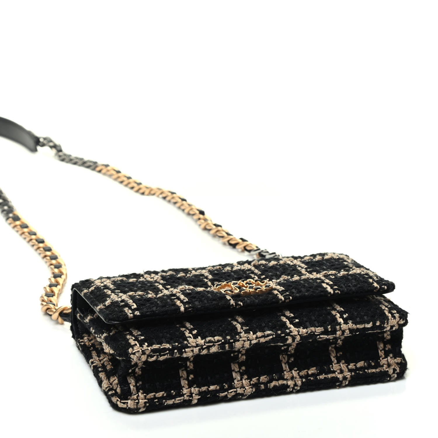 Chanel Tweed Quilted Chanel 19 Wallet On Chain WOC Black Beige 3 of 4