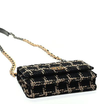 Chanel Tweed Quilted Chanel 19 Wallet On Chain WOC Black Beige 3 of 4