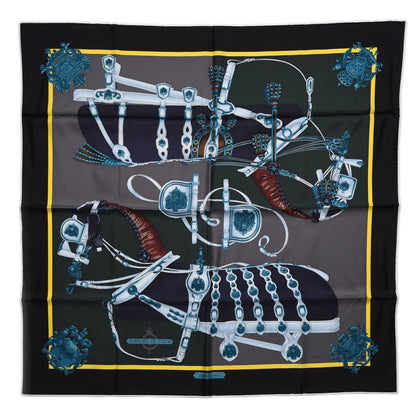Hermes Silk Harnais De Cour Scarf 90 Noir Gris Marine 1 of 8