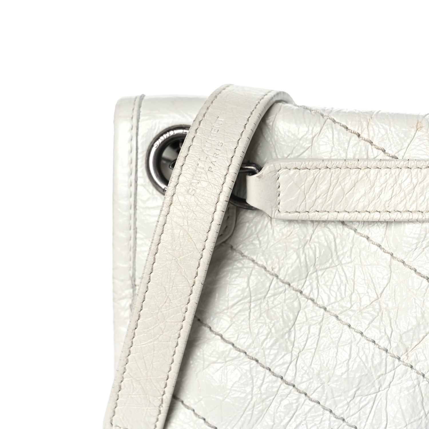 Saint Laurent Crinkled Calfskin Matelasse Monogram Medium Niki Chain Satchel Dirty White 12 of 15