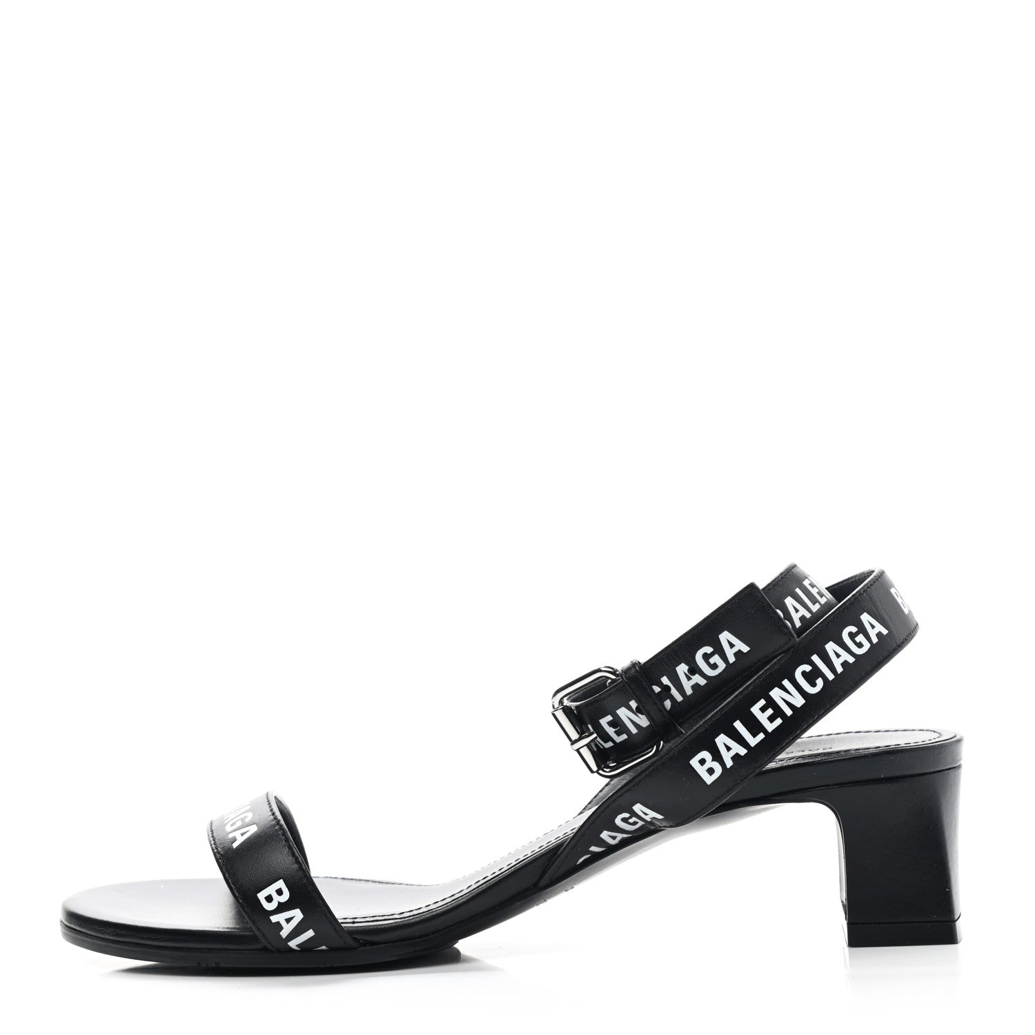 Balenciaga Smooth Calfskin Allover Logo Ankle Strap Round 40mm Sandals 35 Black White 1 of 8