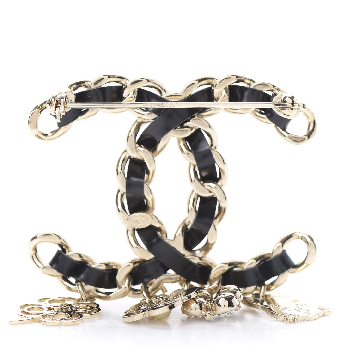 Lambskin Crystal Chain CC Charms Brooch Black Gold
