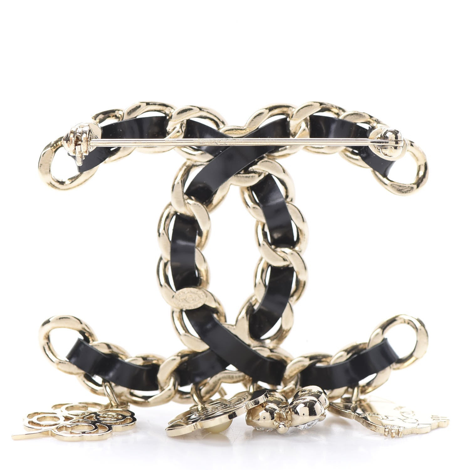 Chanel Lambskin Crystal Chain CC Charms Brooch Black Gold 3 of 5