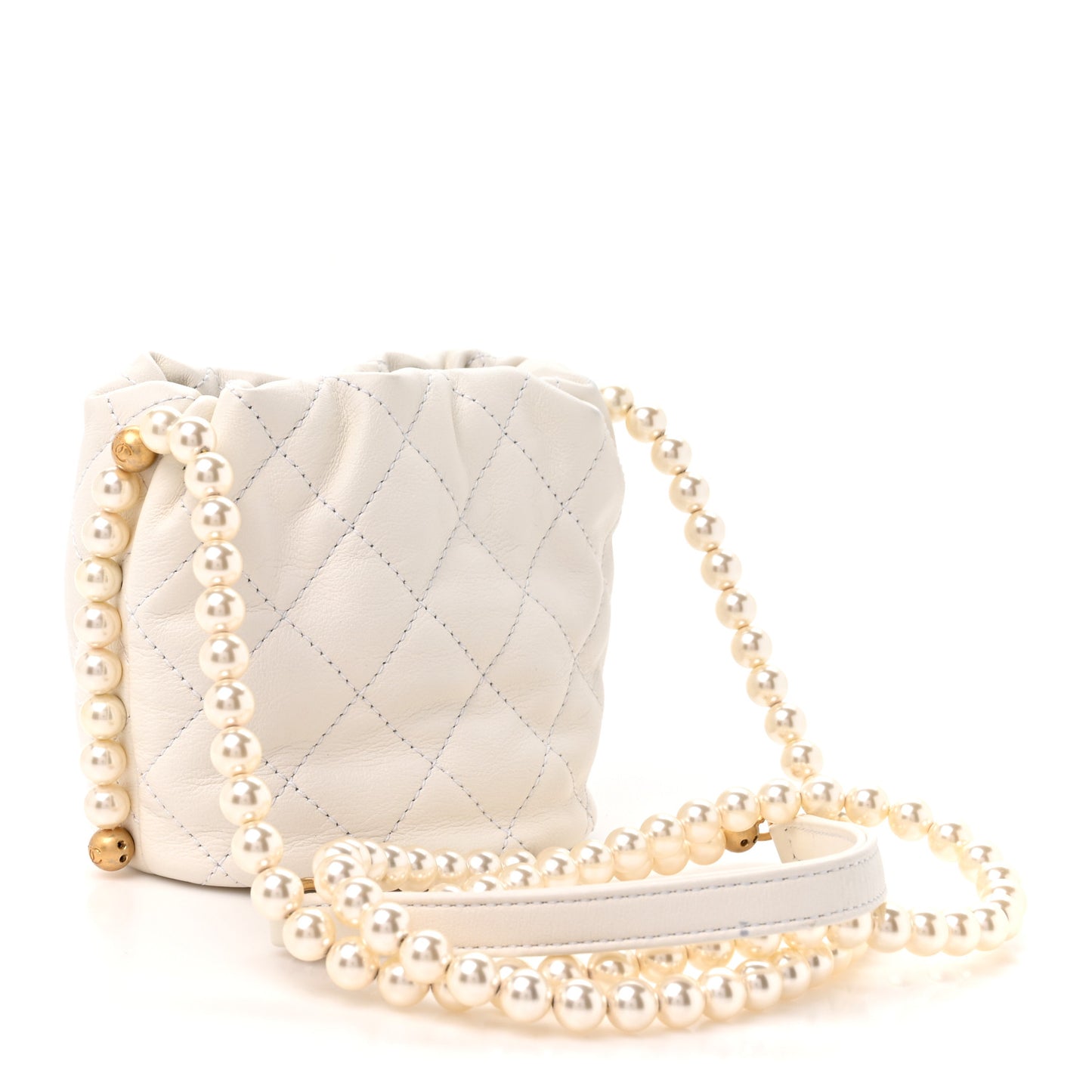 Calfskin Quilted Pearl Mini About Pearls Drawstring Bucket Bag White