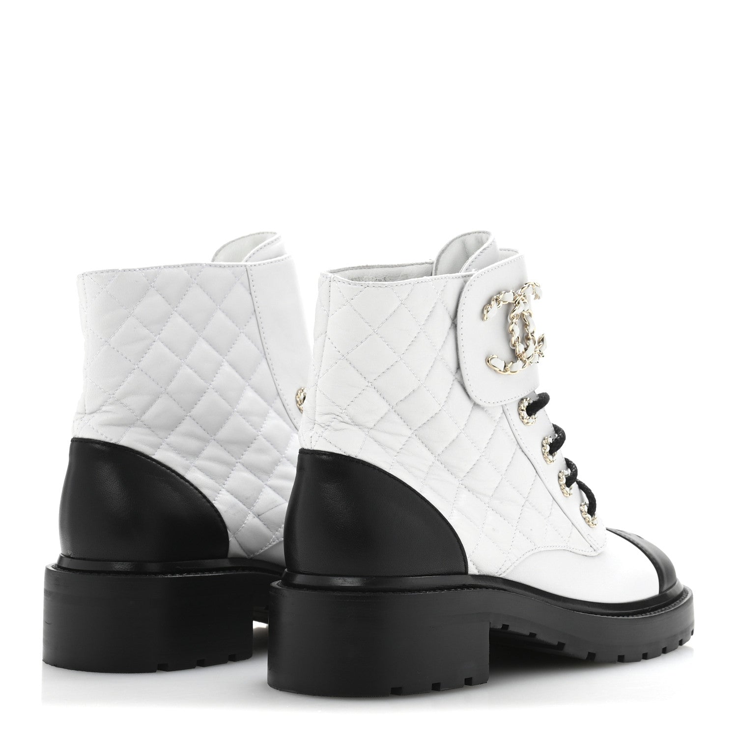 Chanel Shiny Goatskin Calfskin Quilted Lace Up Combat Boots 39 White Black 5 of 8