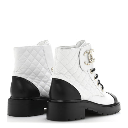 Chanel Shiny Goatskin Calfskin Quilted Lace Up Combat Boots 39 White Black 5 of 8