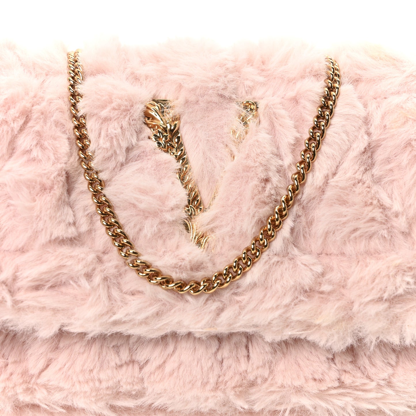 Faux Fur Quilted Virtus V Mini Chain Flap Shoulder Bag English Rose