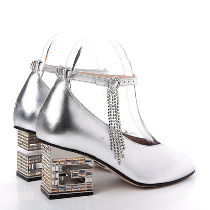 Gucci Metallic Nappa Crystal Square G Mid Heel Pumps 35 Silver 4 of 11