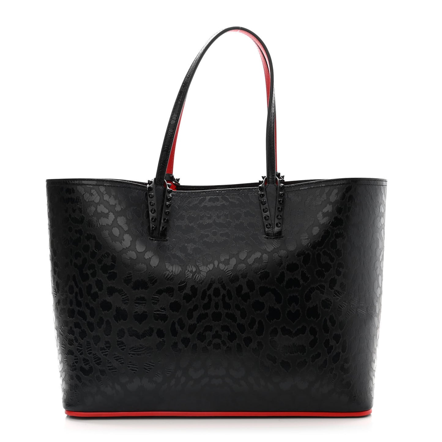Patent Calfskin Leopard Print Spikes East West Cabata Tote Black