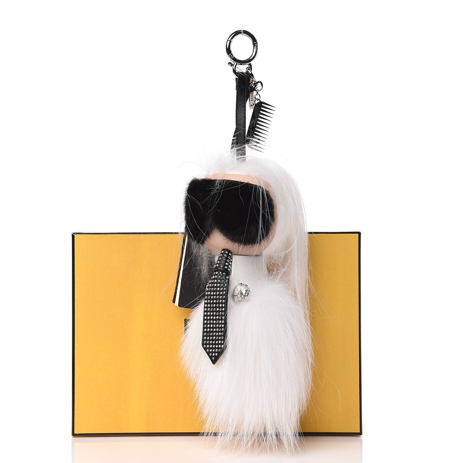 Fendi Fox Goat Mink Fur Nappa Crystal Studded Mini Karlito Tuxedo Bag Charm White Multicolor 3 of 3