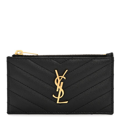 Saint Laurent Grain De Poudre Matelasse Chevron Monogram Fragments Zippered Card Case Black 1 of 8