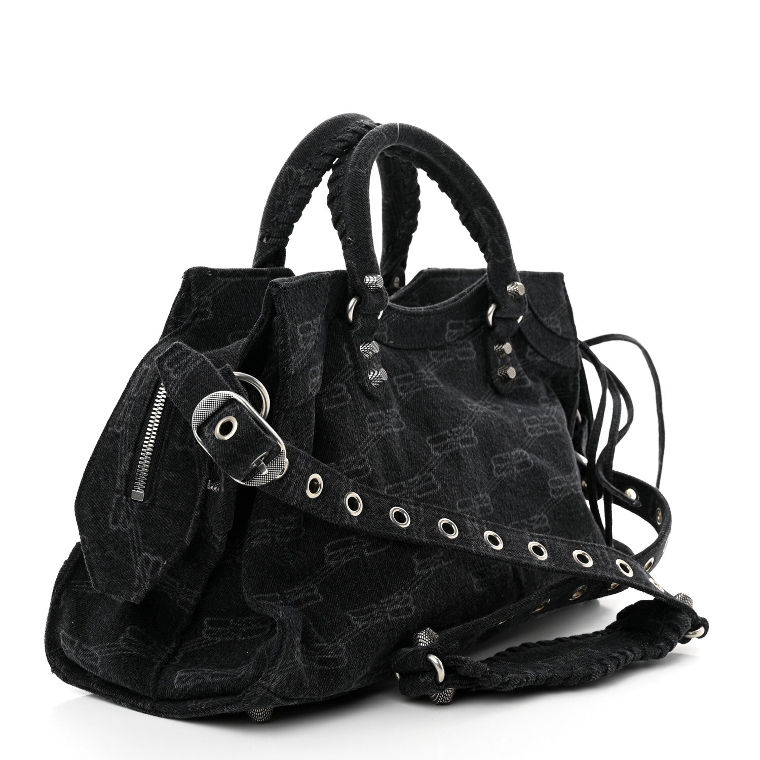 Balenciaga Washed Denim BB Monogram Neo Cagole City Handbag Black 3 of 11