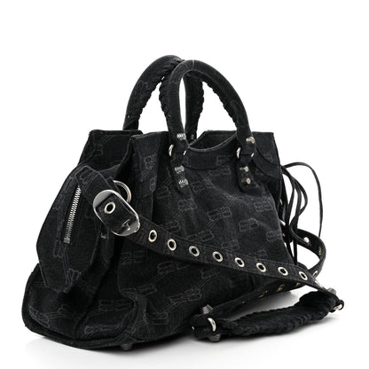 Balenciaga Washed Denim BB Monogram Neo Cagole City Handbag Black 3 of 11