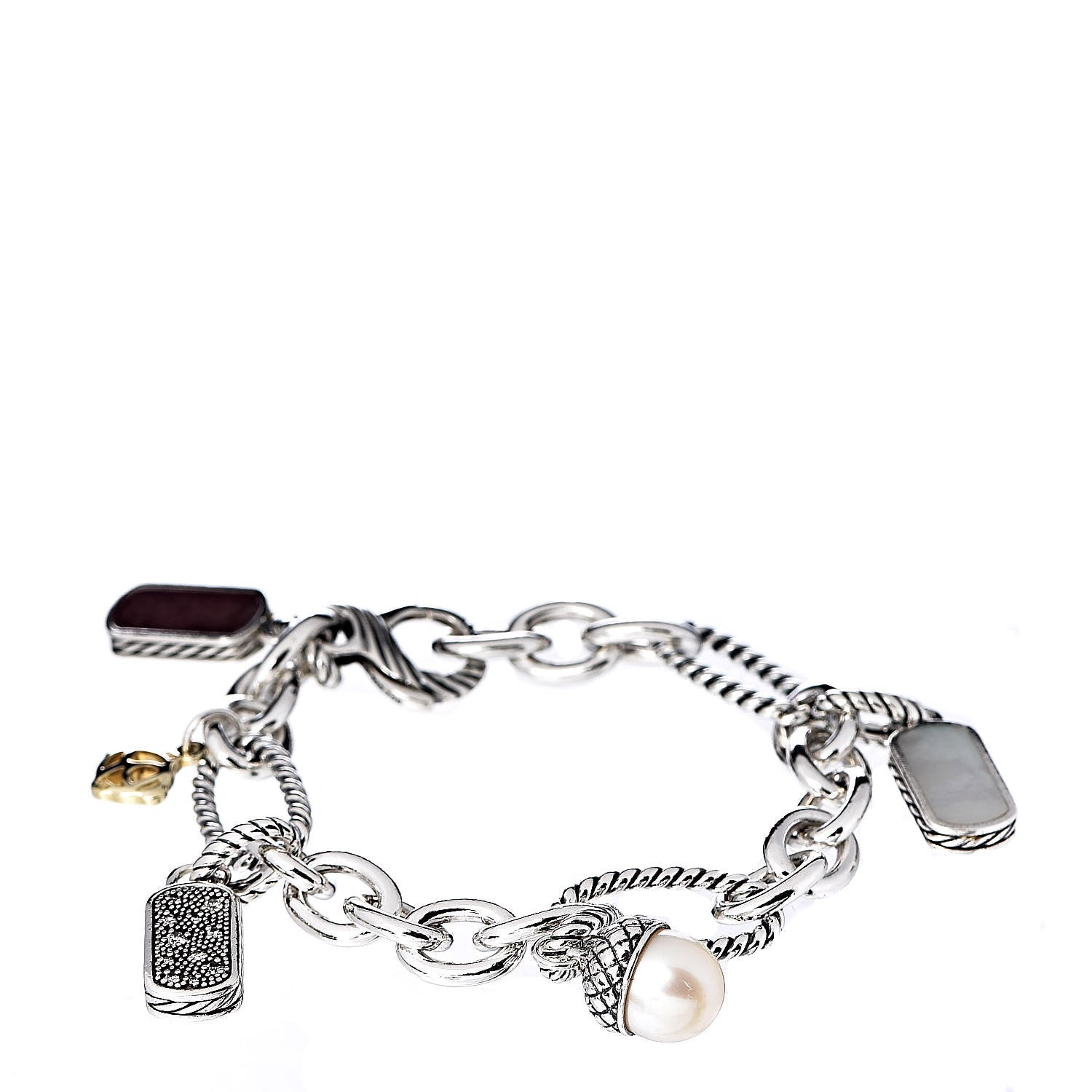 David Yurman Sterling Silver 18K Yellow Gold Diamond Pearl Rhodonite Charm Bracelet 1 of 5