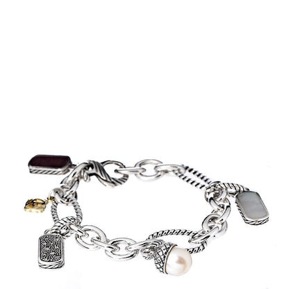 David Yurman Sterling Silver 18K Yellow Gold Diamond Pearl Rhodonite Charm Bracelet 1 of 5