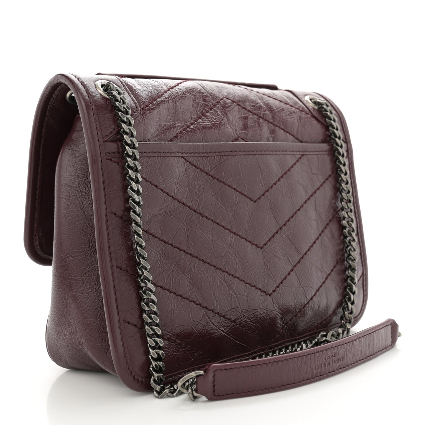 Crinkled Calfskin Matelasse Monogram Baby Niki Chain Satchel Burgundy