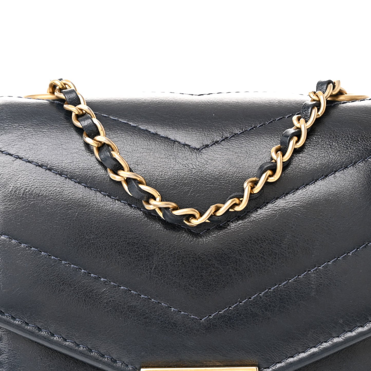 Calfskin Chevron Quilted Medal Mini Clutch With Chain Navy