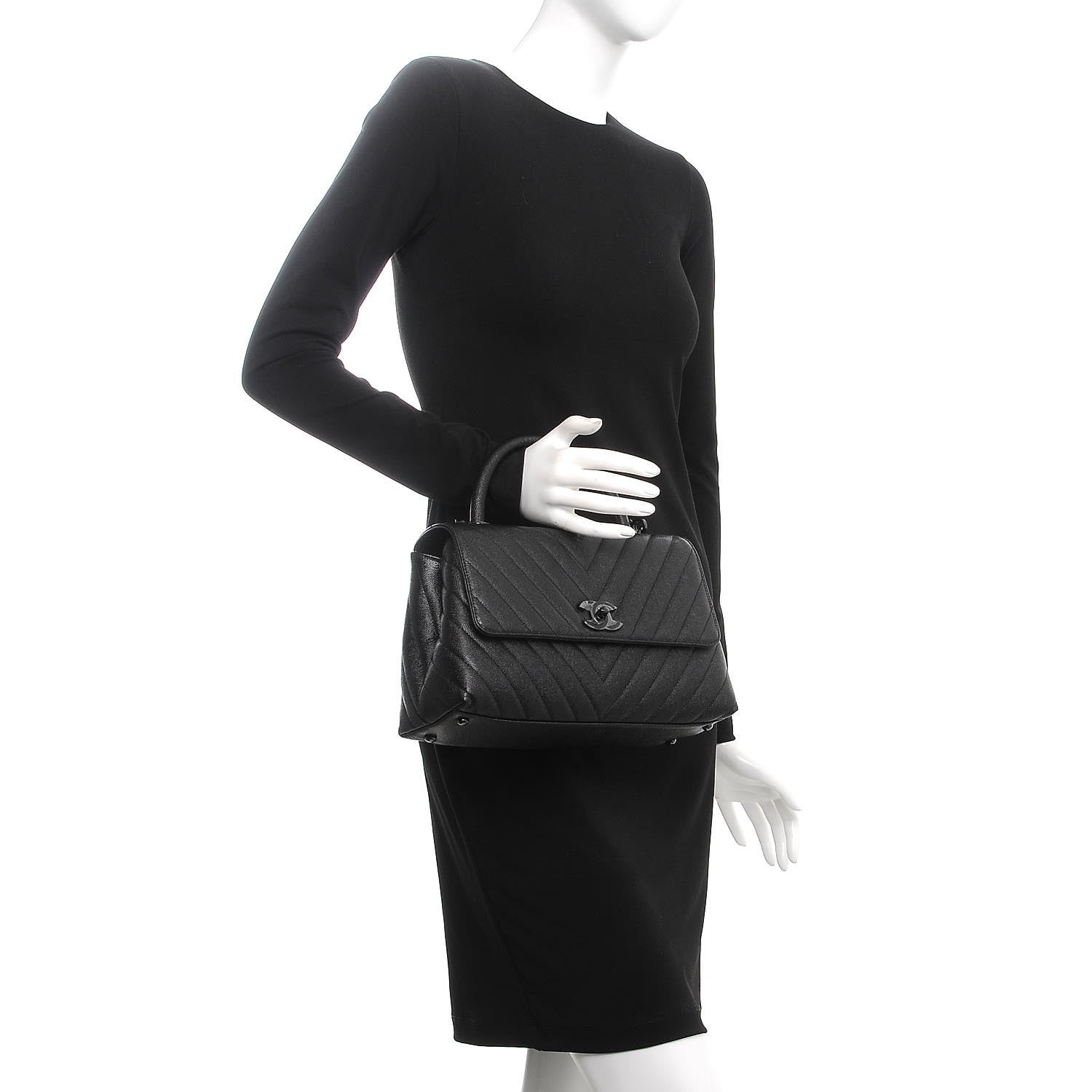 Chanel Caviar Chevron Quilted Small Coco Handle Flap So Black 3 of 8