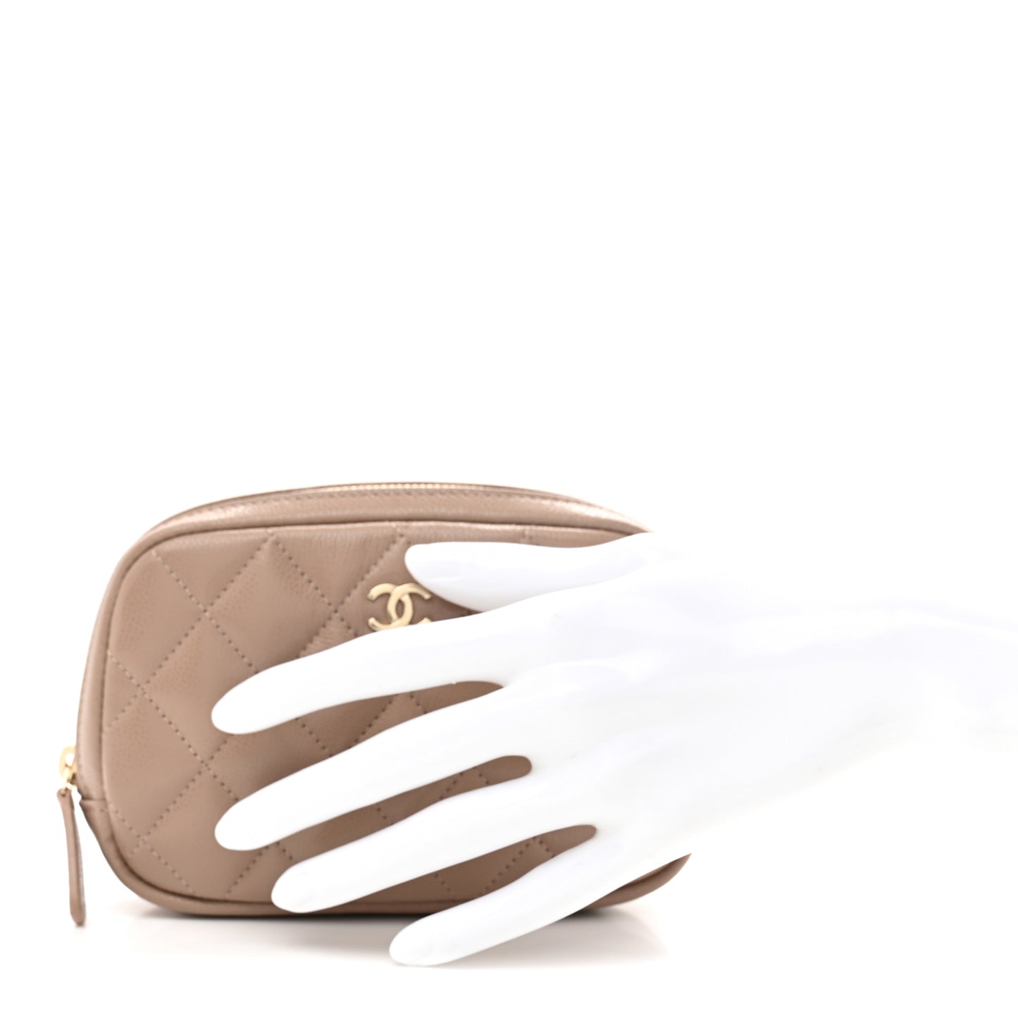 Lambskin Quilted Small Curvy Pouch Cosmetic Case Dark Beige