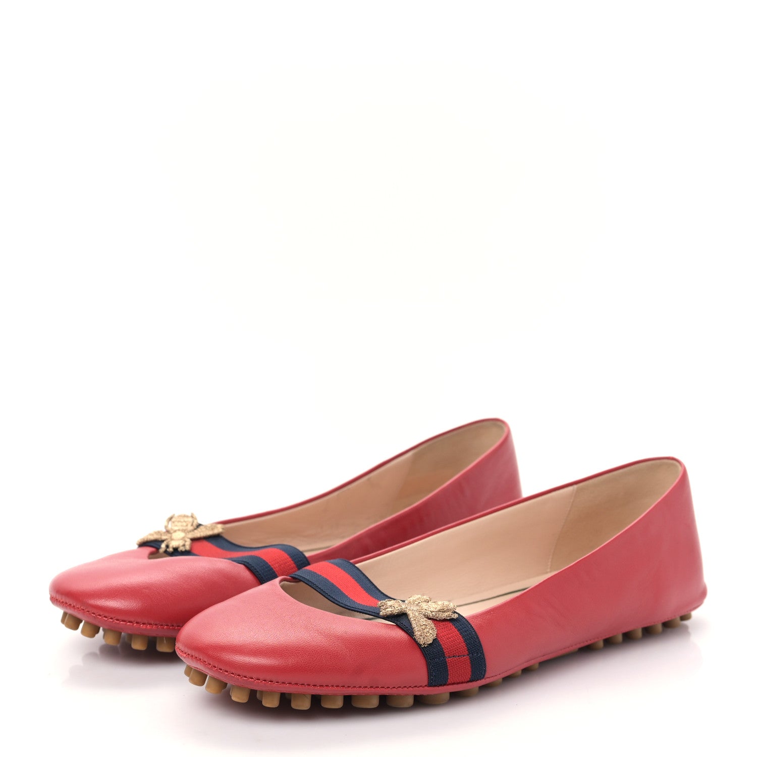 Gucci Calfskin Bayadere Bee Ballerina Flats 37 Hibiscus Red 3 of 8