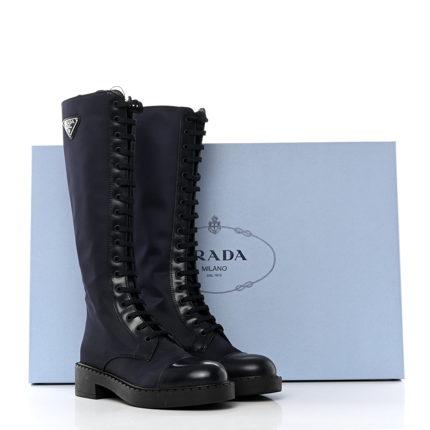 Re-Nylon Spazzolato Rois Metal Triangle Logo Tall 50mm Combat Boots 36.5 Bleu
