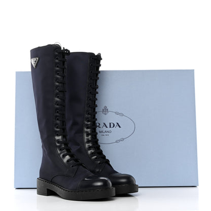 Prada Re-Nylon Spazzolato Rois Metal Triangle Logo Tall 50mm Combat Boots 36.5 Bleu 9 of 9