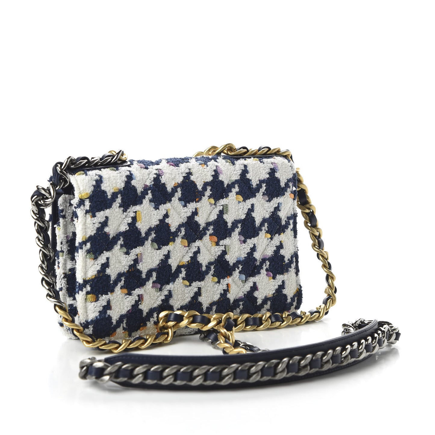 Tweed Quilted 19 Wallet On Chain WOC Ecru Navy Blue Multicolor