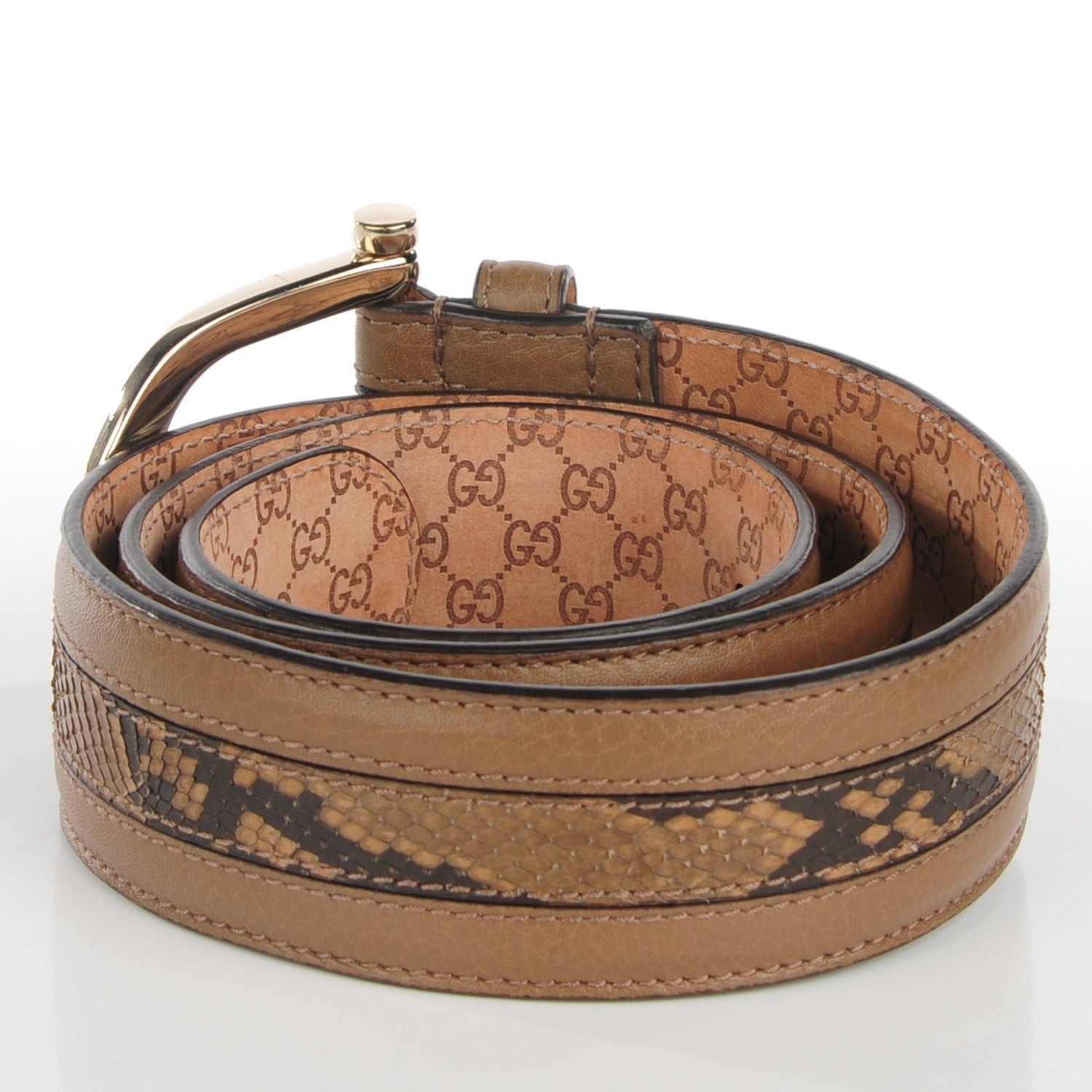 Gucci Calfskin Python Stirrup Buckle Belt 80 32 Khaki Light Brown 3 of 4