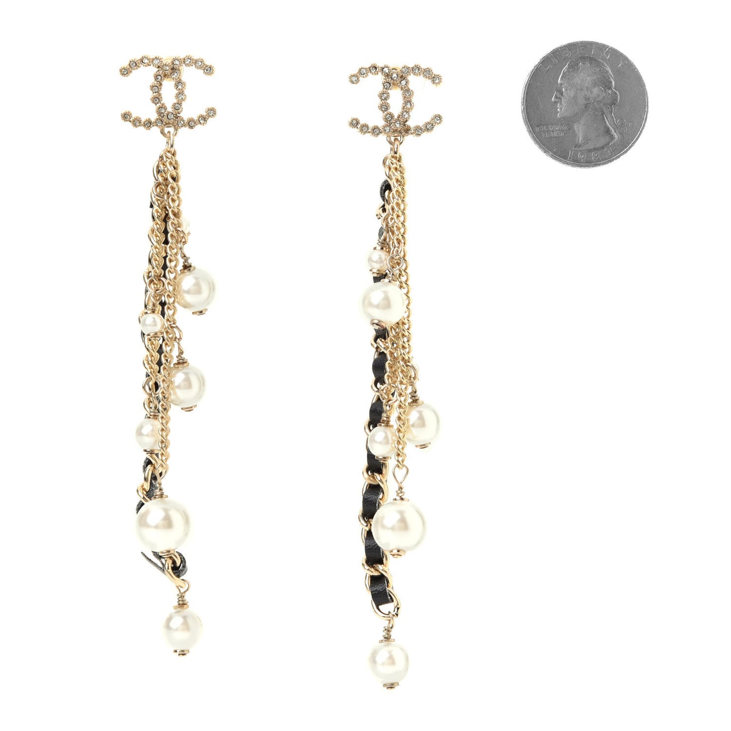Pearl Crystal Lambskin Chain CC Dangle Earrings Gold
