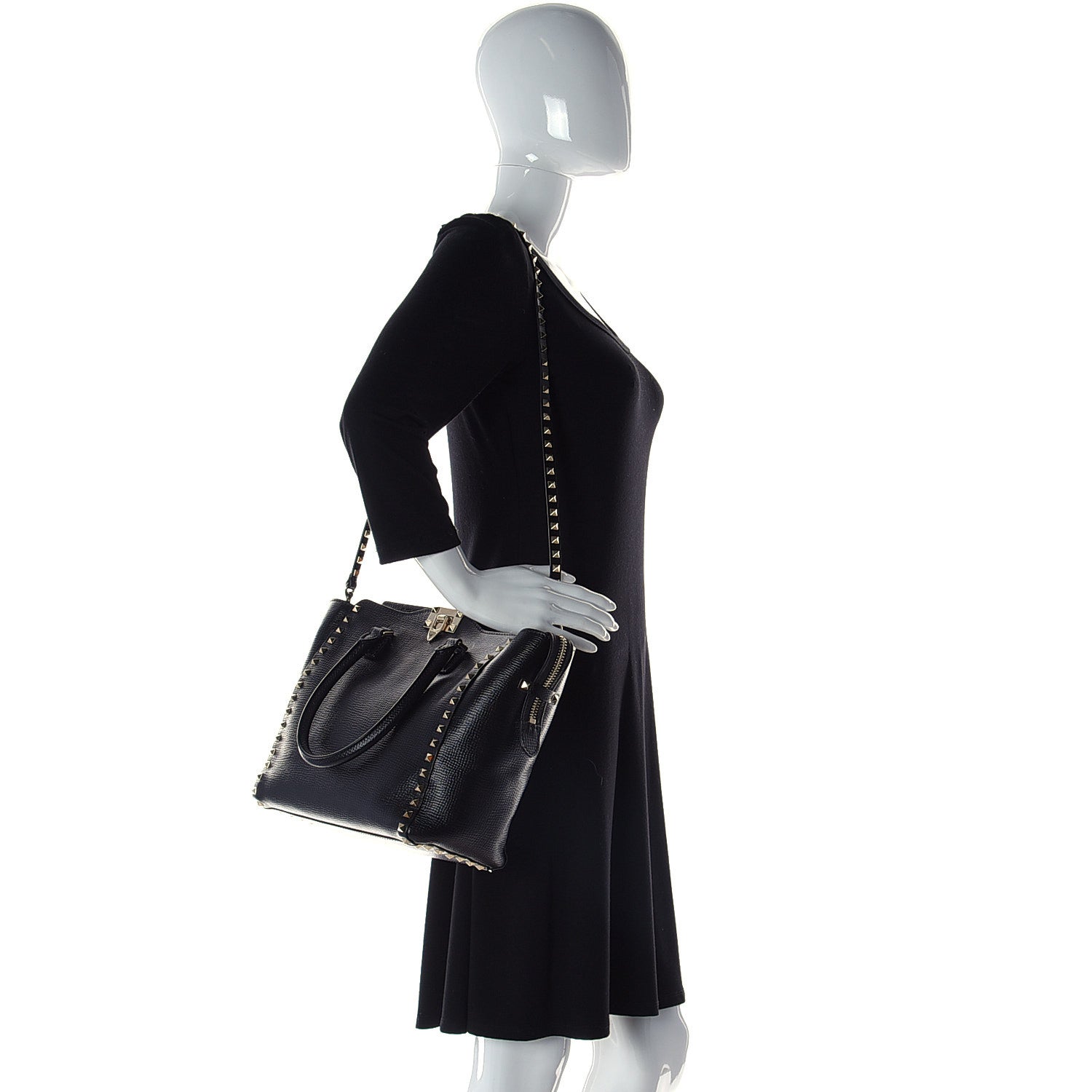 Valentino Garavani Textured Calfskin Rockstud Double Handle Tote Black 2 of 17
