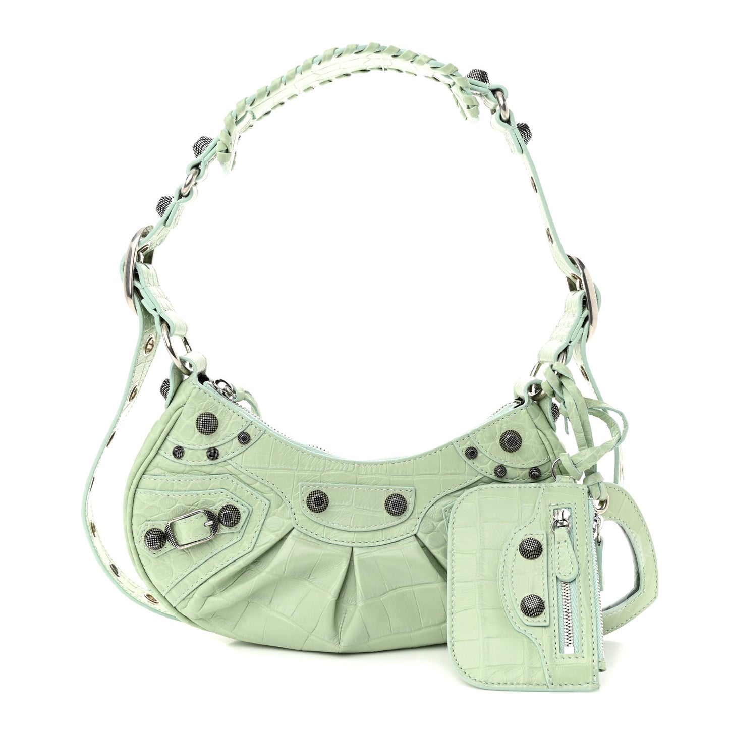 Extra Supple Calfskin Crocodile Embossed Le Cagole Shoulder Bag XS Light Green