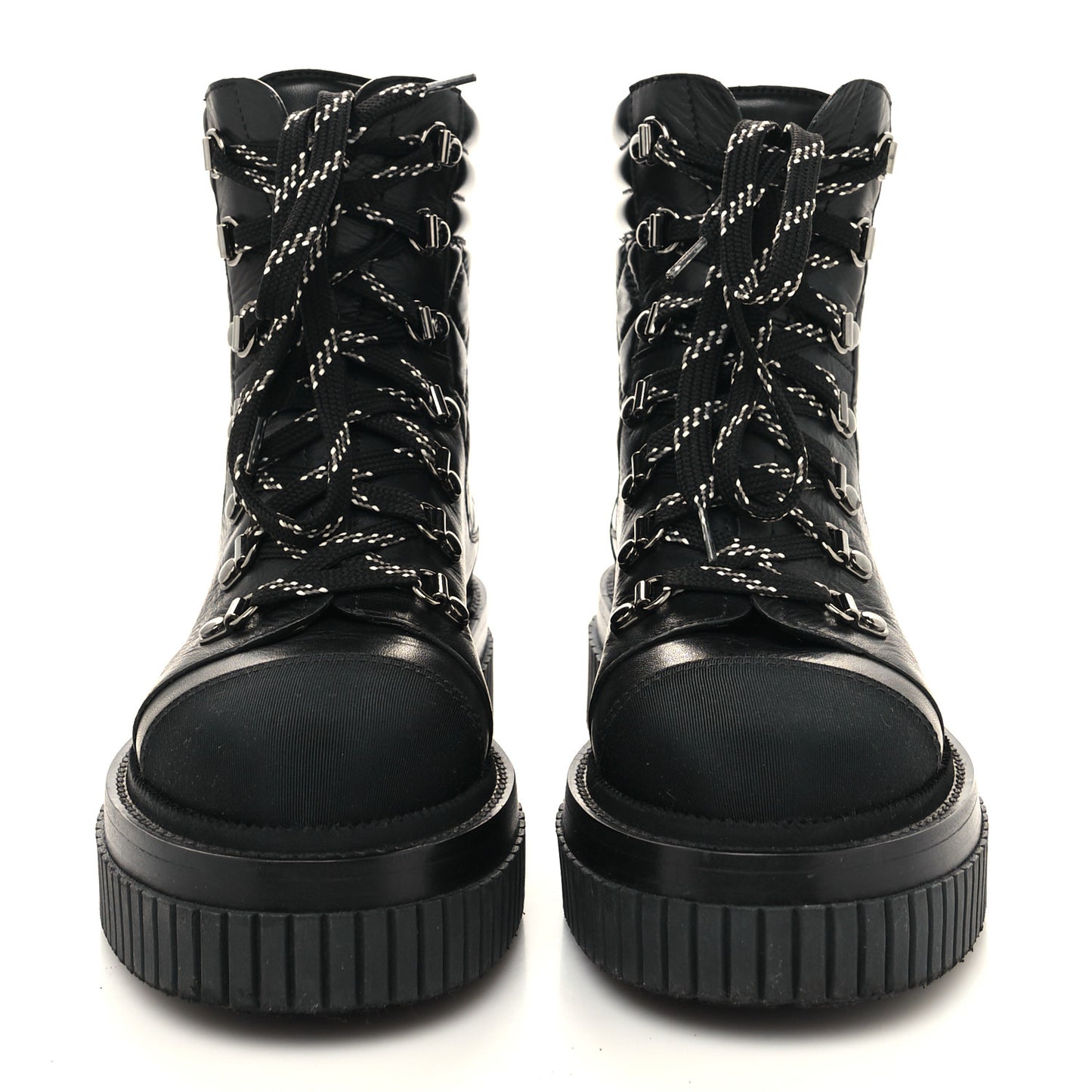 Calfskin Grosgrain Quilted Lace Up Boots 36.5 Black Grey